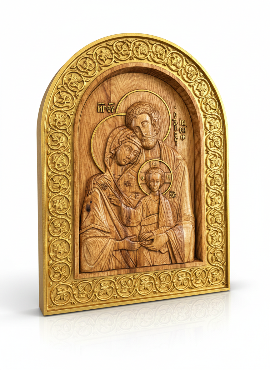 Relief Obraz z drewna „Święta Rodzina” Płaskorzeźba